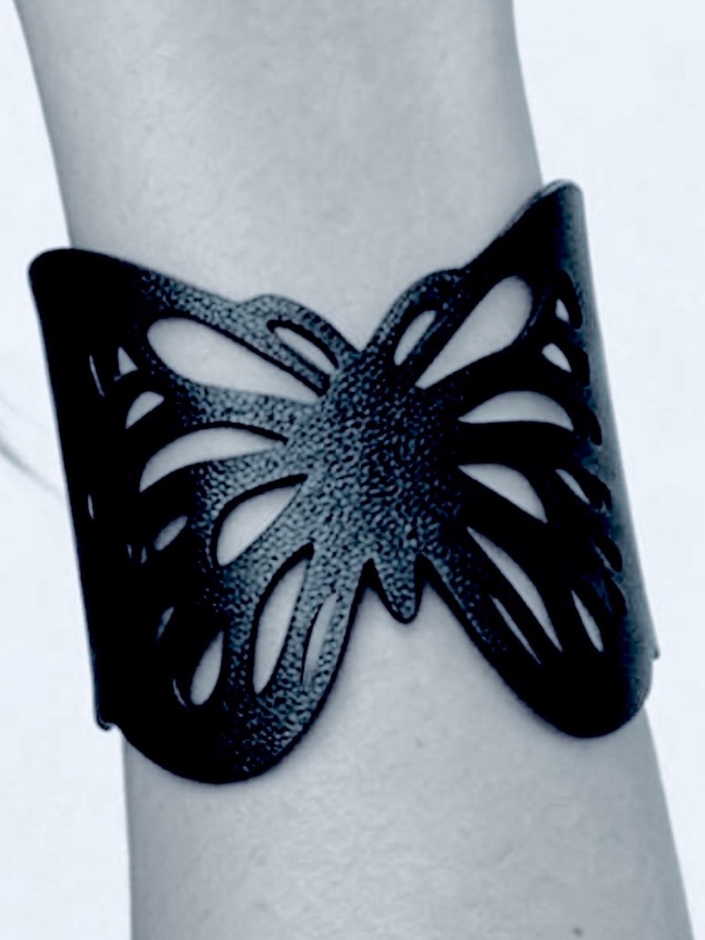 “Hollow Butterfly” Black Open Lasercut Vegan Leather Moth Insect Bangle Bracelet